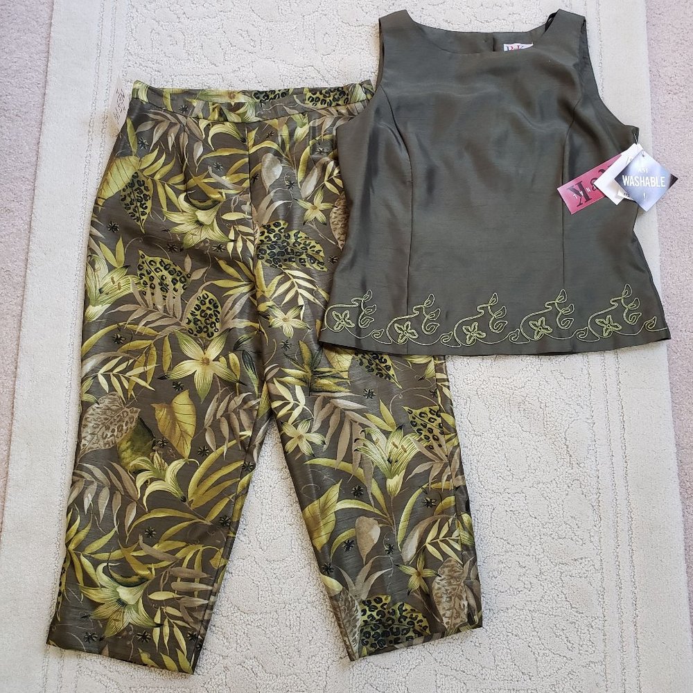 R&K Tropical Print Capris with Matching Solid Embroidered Tank Sz14, NWT